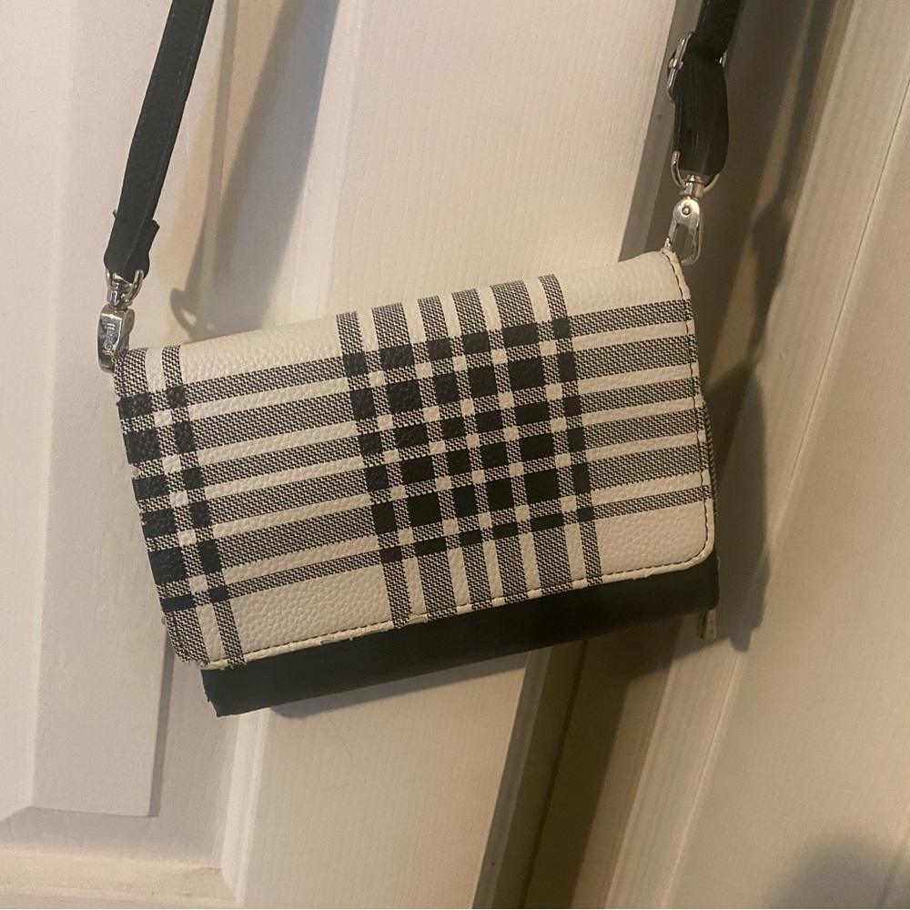 Thirty-One Black and White Crossbody Bag with Plaid Design